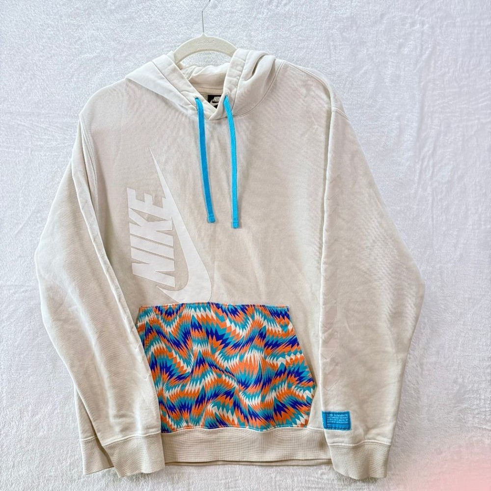 Nike Sportswear Hoodie Mens L Cream Big Swoosh Logo Geometric Pocket Pullover